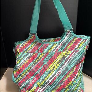 Thirty-One All Pro Large Tote Gym Bag Multi Pocket Teal Pink Gray Polka Dots